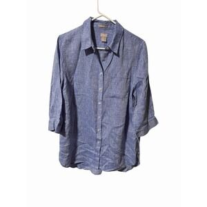 Chico's Shirt Womens 2/ 12-14 Large Blue Solid No Iron Linen Button Up Tunic